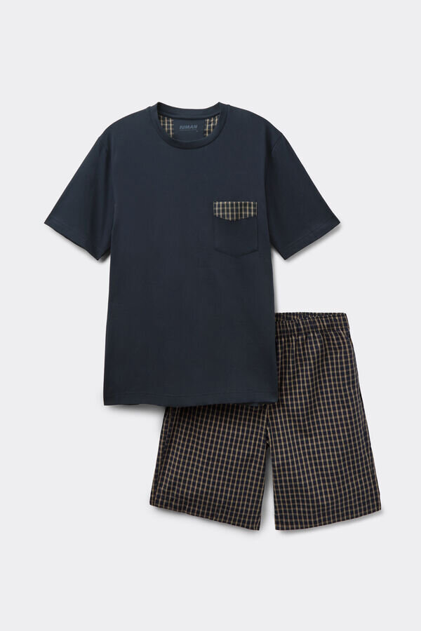 Blå och krämfärgad kort pyjamas i tyg och bomull med rutmönster Blå och krämfärgad kort pyjamas i tyg och bomull med rutmönster