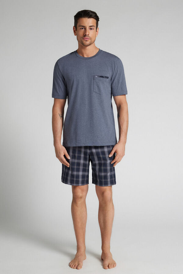 Kort pyjamas i denimtyg med rutmönster och bomull Kort pyjamas i denimtyg med rutmönster och bomull