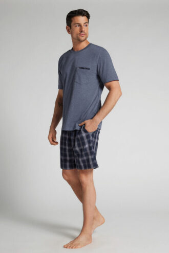 Kort pyjamas i denimtyg med rutmönster och bomull