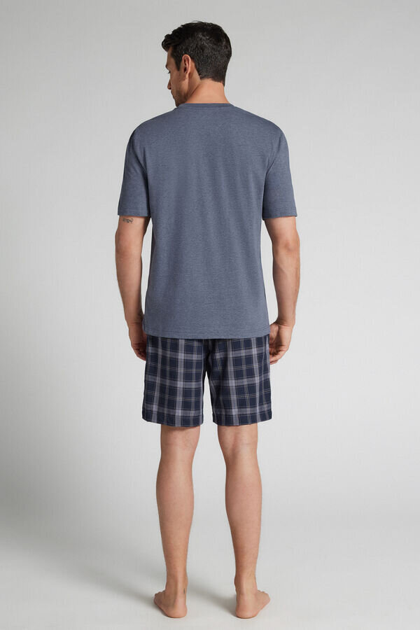 Kort pyjamas i denimtyg med rutmönster och bomull Kort pyjamas i denimtyg med rutmönster och bomull