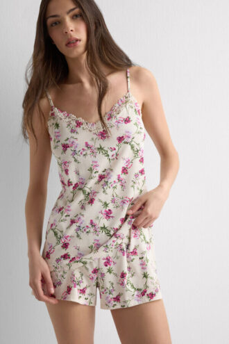 Kort pyjamas i högkvalitativ bomull med Pretty Flowers-mönster och camisole