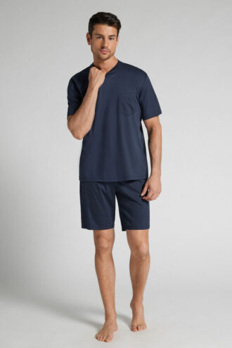 Kort pyjamas i merceriserad bomull med prickmönster