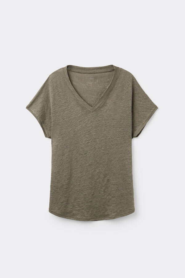 Kortärmad topp i ren linne med V-ringning Kortärmad topp i ren linne med V-ringning