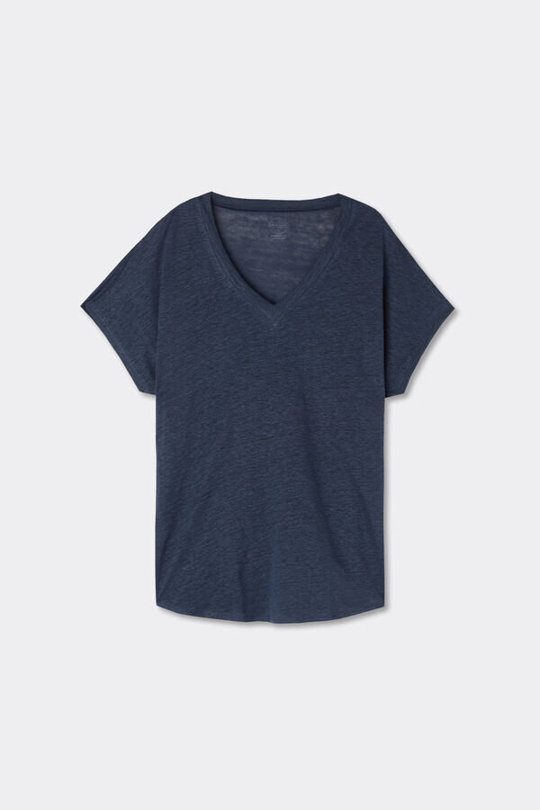 Kortärmad topp i ren linne med V-ringning Kortärmad topp i ren linne med V-ringning