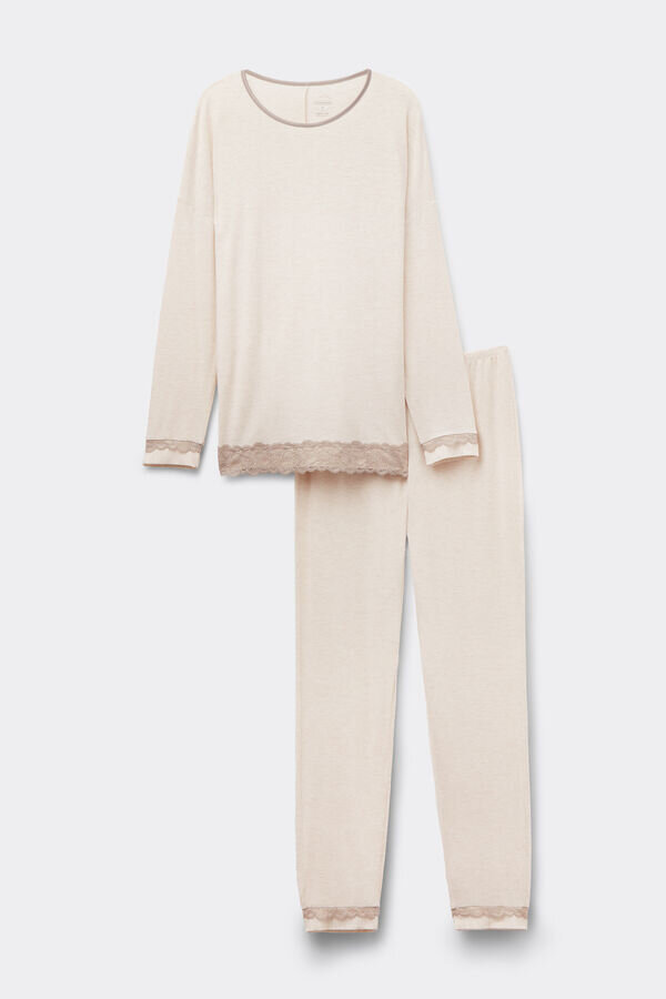 Lång pyjamas med spetsar i modal Lång pyjamas med spetsar i modal