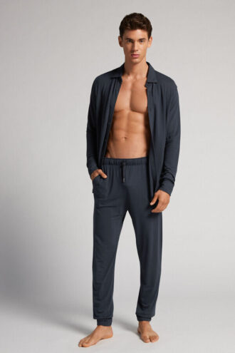 Långa byxor i modal och silke-piqué