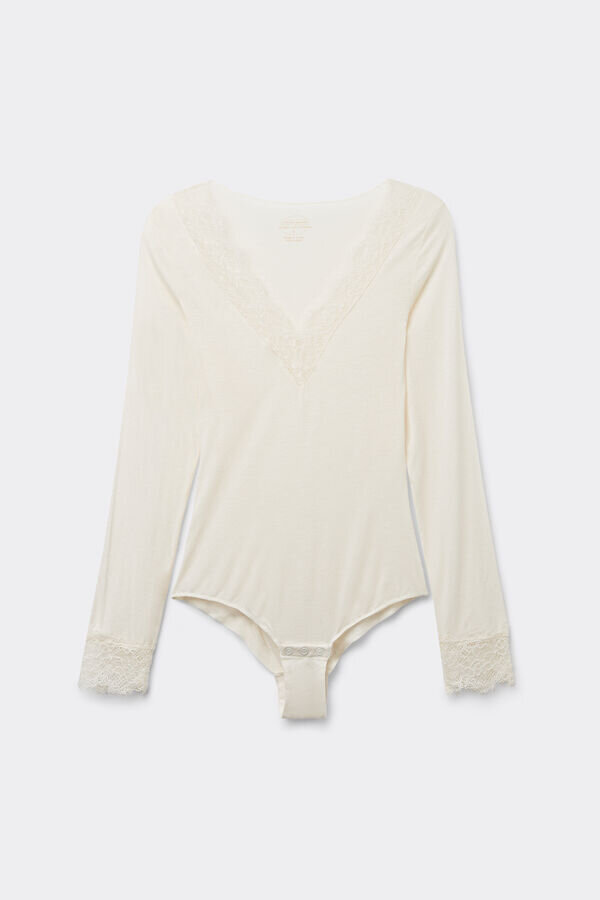 Långärmad bodysuit i ultralätt modal med kashmir och spets Långärmad bodysuit i ultralätt modal med kashmir och spets