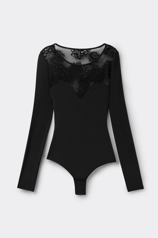 Sensuell textur Långärmad Lace Bodysuit i fräsch bambu och spets Sensuell textur Långärmad Lace Bodysuit i fräsch bambu och spets